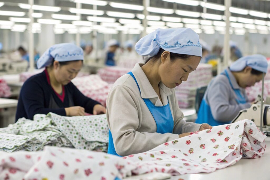 Chinese workers manufacturing babywear in a factory