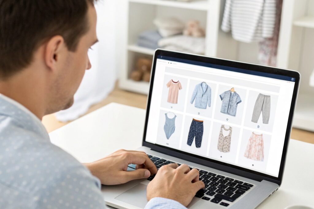 Business owner browsing a trusted sourcing platform for baby clothing