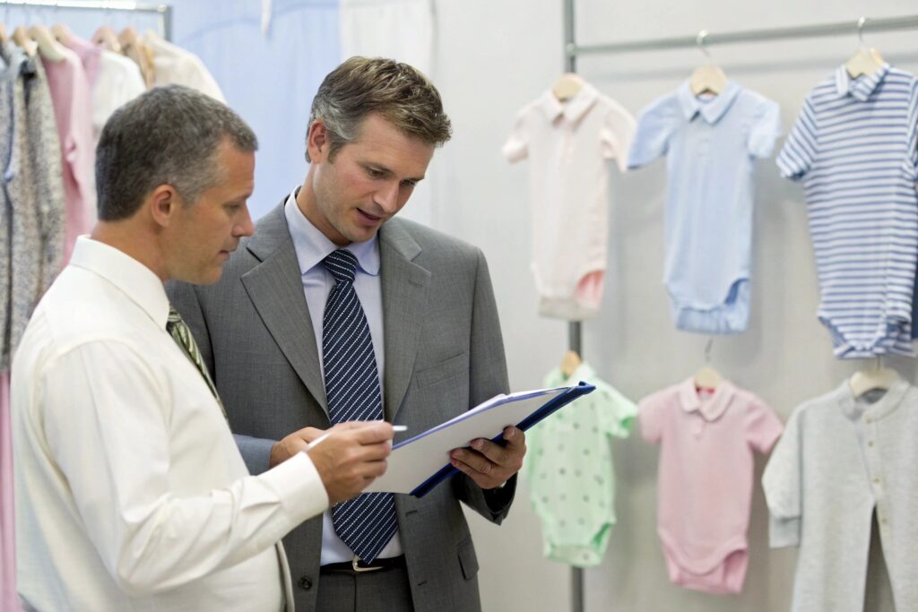 Business owner discussing the global safety compliance of babywear with a client