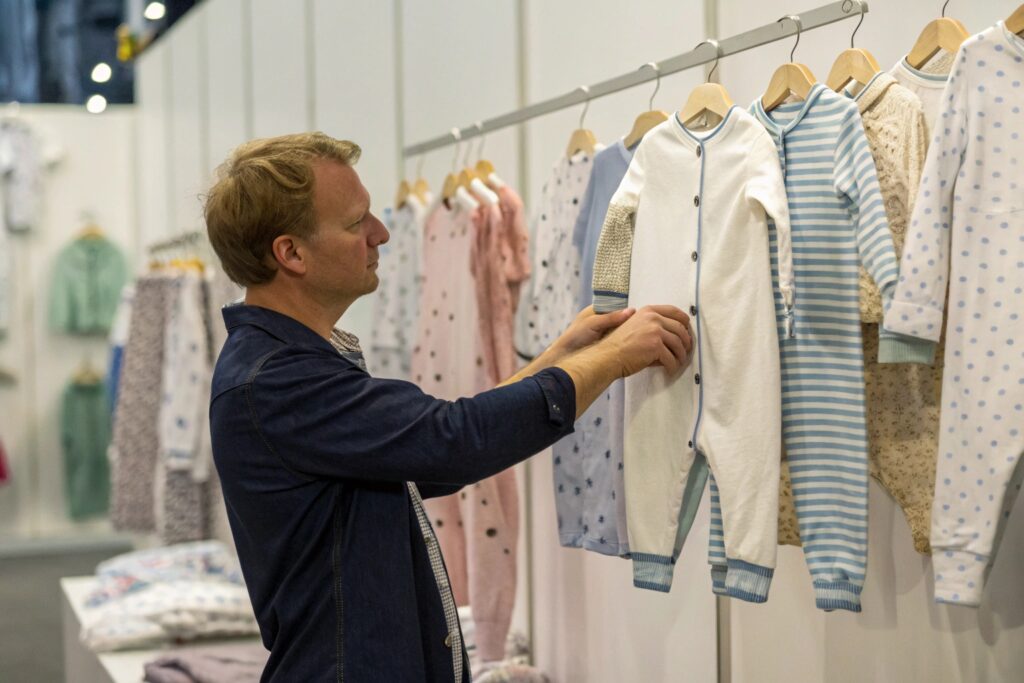 Business owner inspecting kidswear samples at trade fair