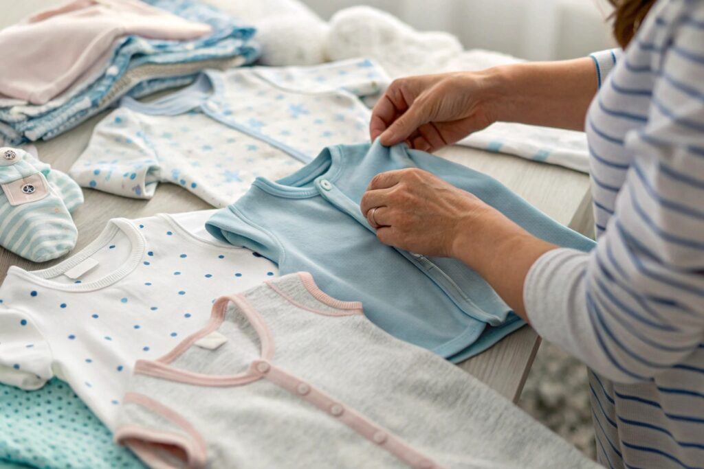 Business owner feeling kidswear fabric for softness