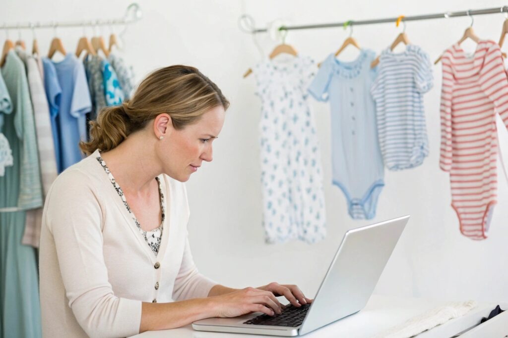 Business owner filling out online forms to register a babywear brand