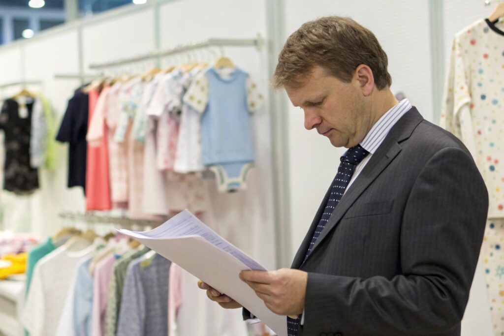 Business owner reviewing certification documents at a trade show
