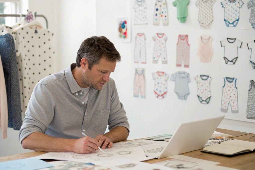 Business owner sitting at a desk, surrounded by babywear designs