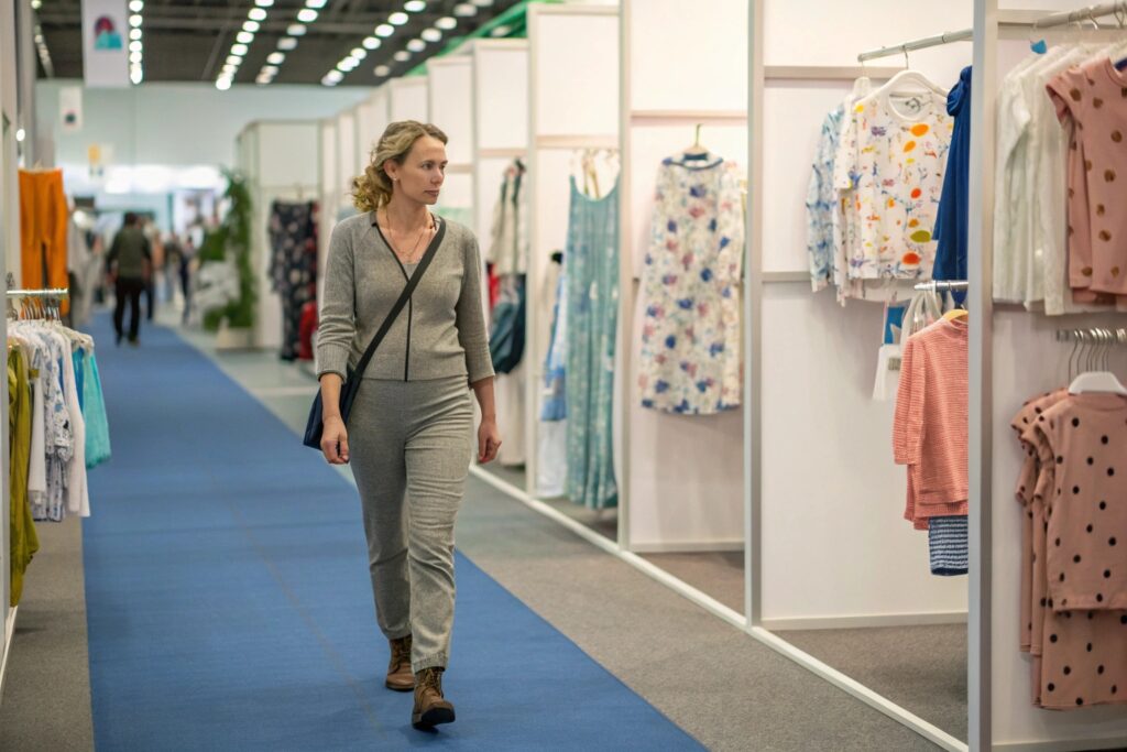 Buyer feeling the fabric of a kidswear sample at a trade show
