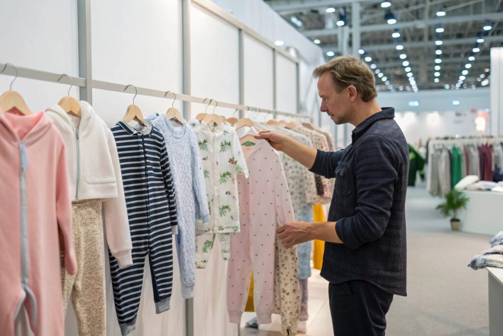 Buyer reviewing various fashion products at the trade show