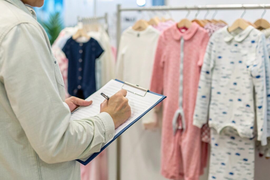 Buyer standing at a Canton Fair booth, using a clipboard to inspect kidswear samples