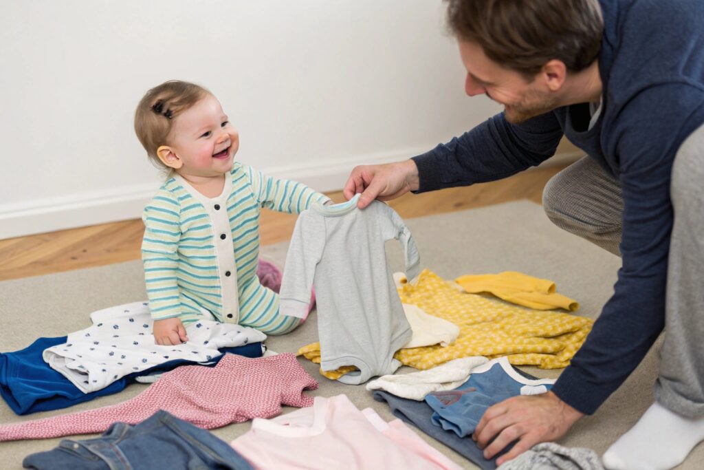 European Child Happily Selecting from a Set of Baby Clothes