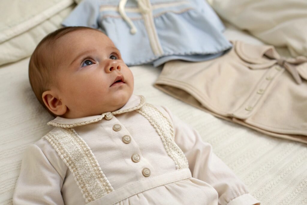 European baby in a velveteen dress with other clothes