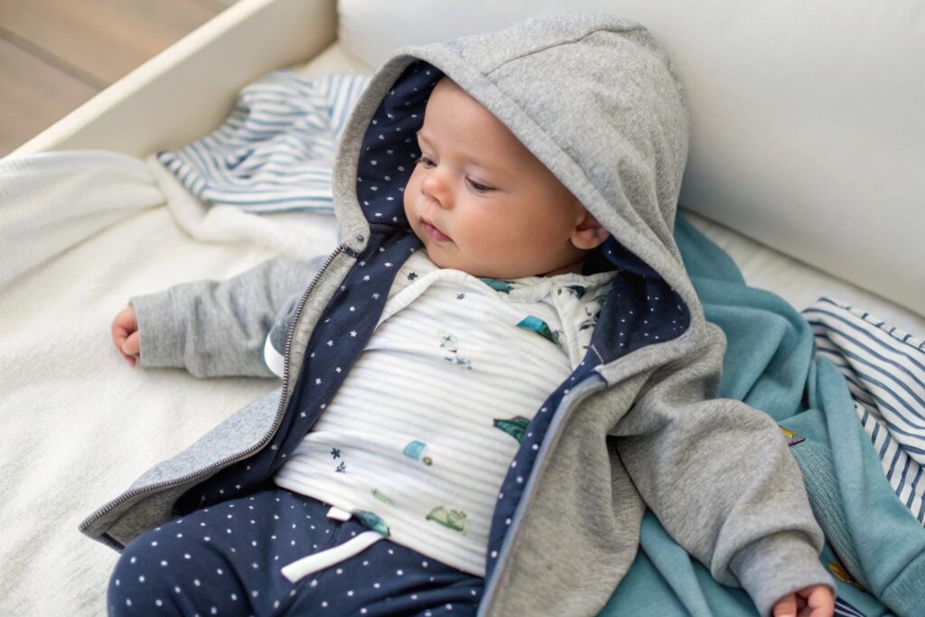 European child wearing a stylish hoodie over a onesie European child wearing a stylish hoodie over a onesie