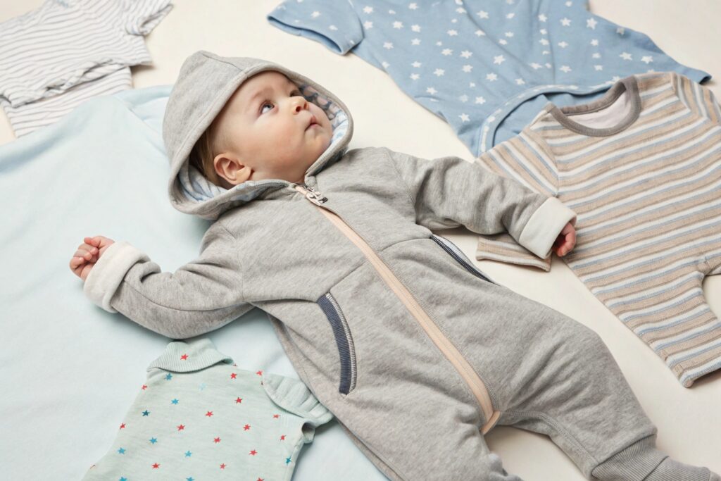 European child wearing a comfortable onesie surrounded by other clothes