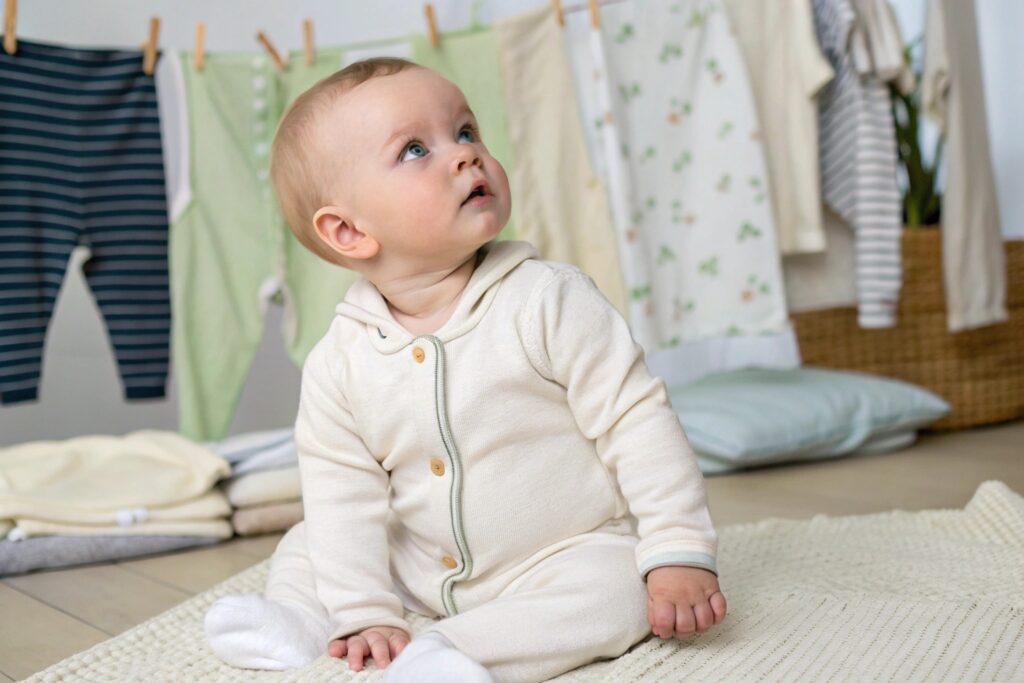 Child wearing a soft, organic cotton outfit