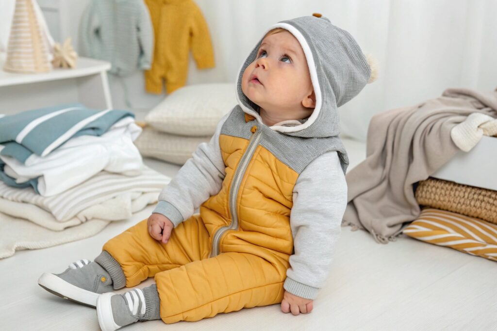 Child wearing a stylish, high-quality baby outfit from a reputable brand