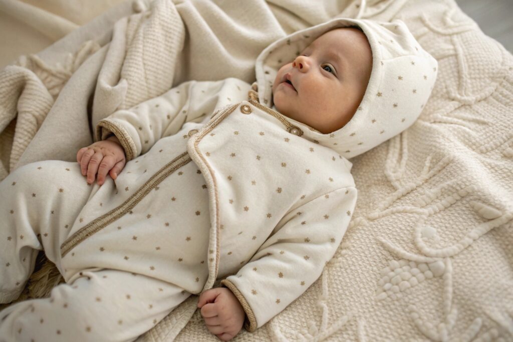 European baby wearing a sustainable, star-patterned onesie
