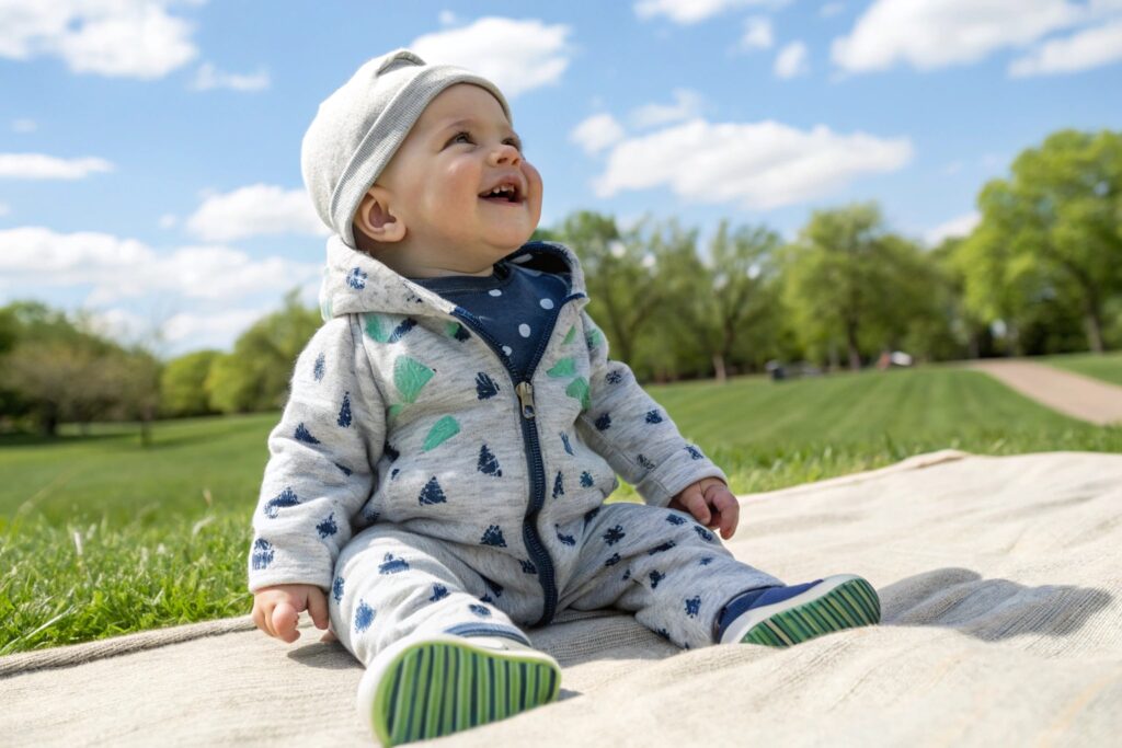Happy baby in a stylish onesie outdoors