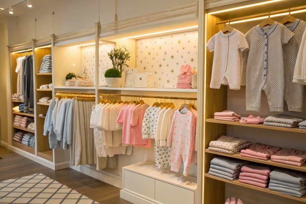 Children's clothing store designed with soft lighting and neatly arranged babywear