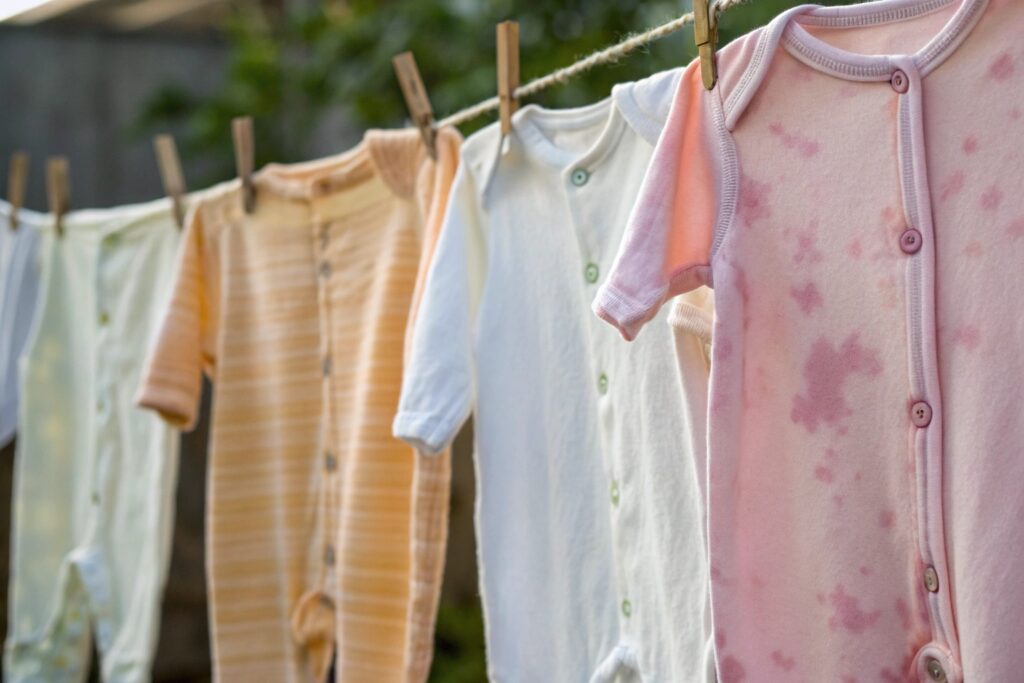 Close-up of babywear items being dyed