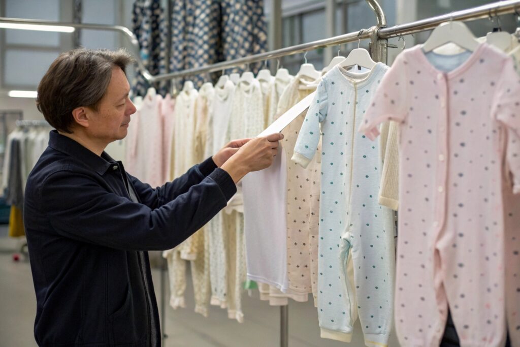 American designer reviewing a quick babywear sample