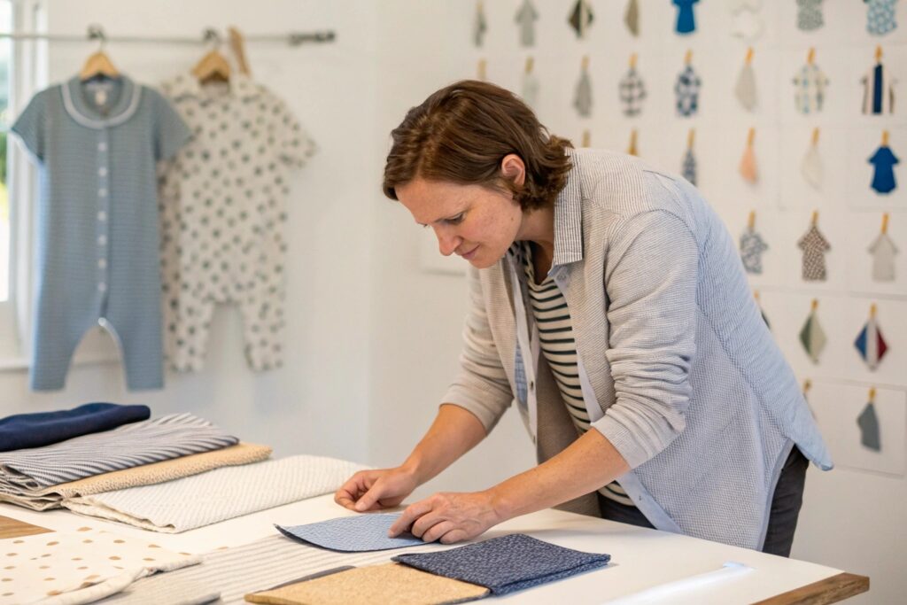 A European designer evaluating fabric swatches at a worktable