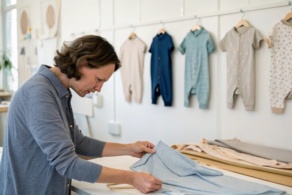 A European designer carefully inspecting eco-friendly fabric swatches for babywear