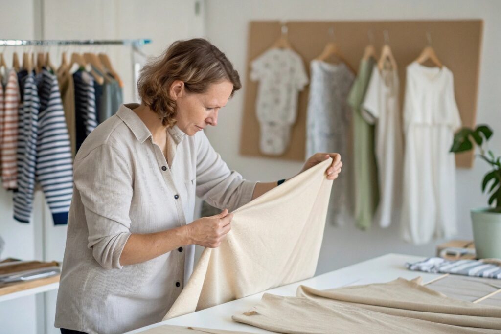 A European designer inspecting a piece of organic fabric