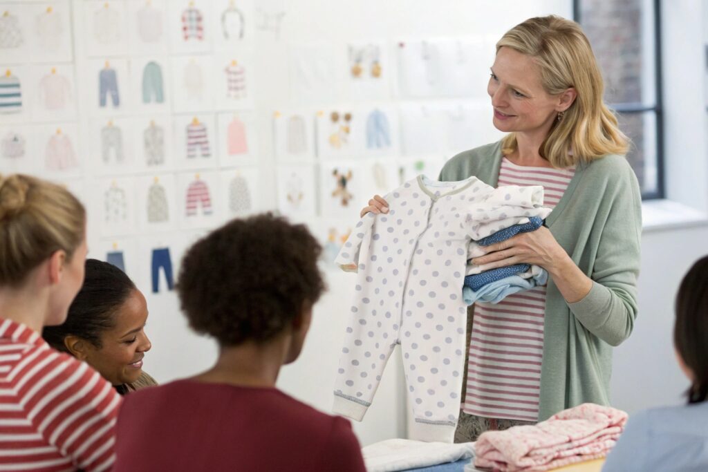 Designer reviewing babywear samples quickly in a meeting