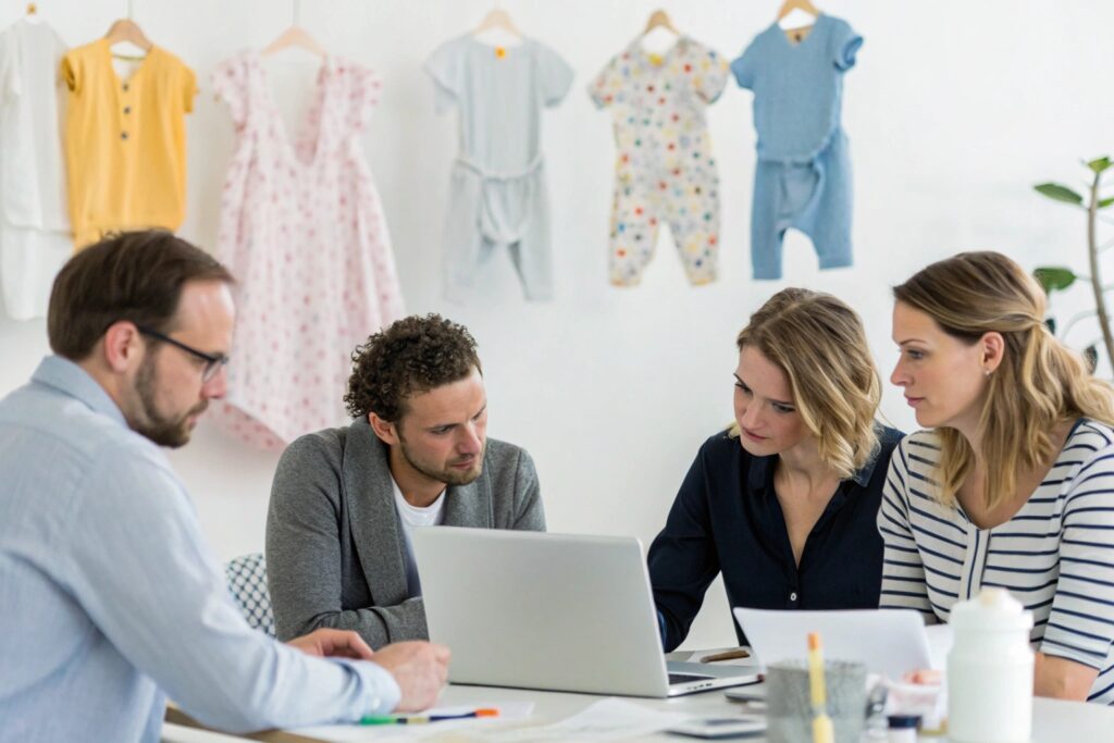 A digital marketing team (European) working on a project for a children's clothing brand