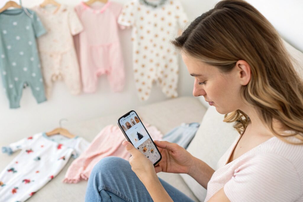 European Gen Z parent scrolling through a babywear collection