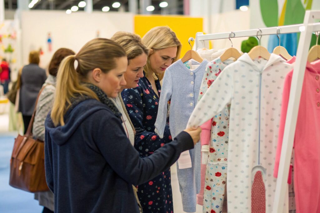 Group of buyers engaging with a display of next-season babywear at a trade fair