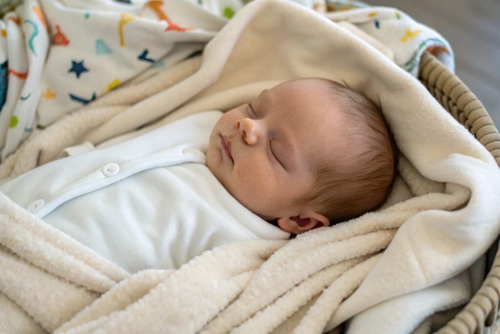 Newborn peacefully sleeping in an organic onesie