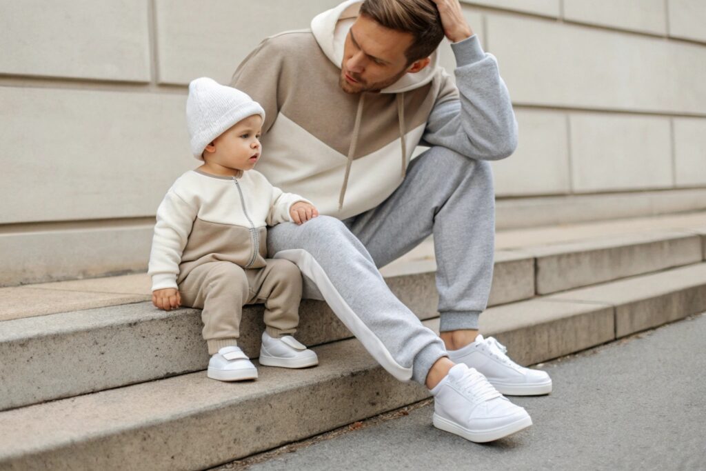 Parent and child both dressed in matching casual wear Parent and child both dressed in matching casual wear