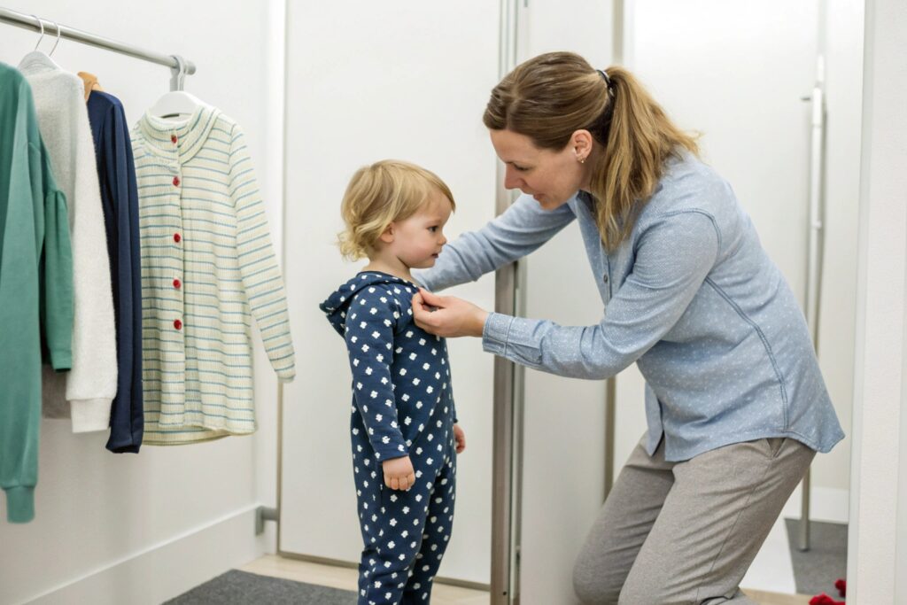 A parent and child in a fitting room, trying on new clothing