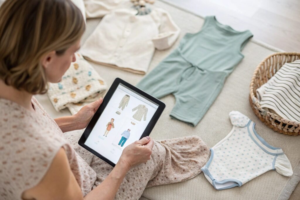Parent browsing eco-friendly babywear on a tablet