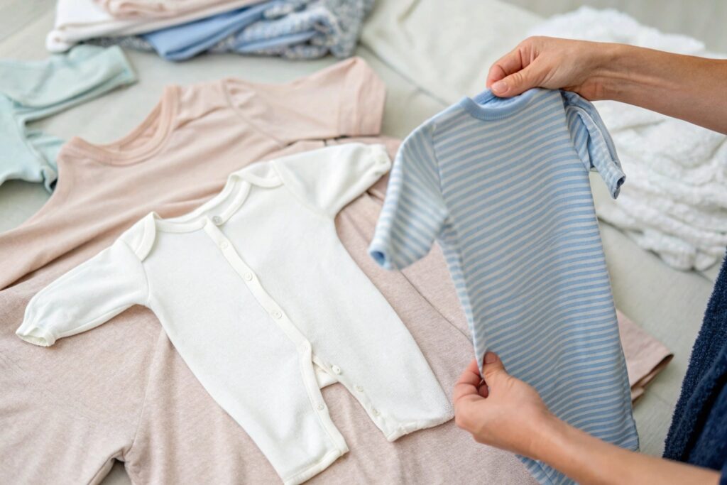 A parent comparing an organic cotton baby garment