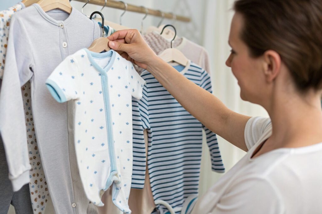 European Parent Inspecting Babywear Garment
