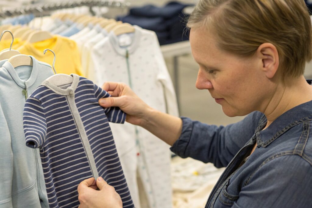 European Parent Inspecting Babywear Garment