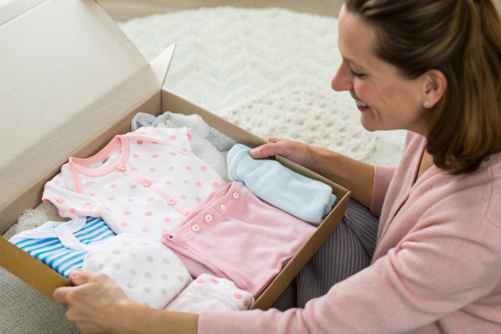 European parent opening a gift of babywear in a box
