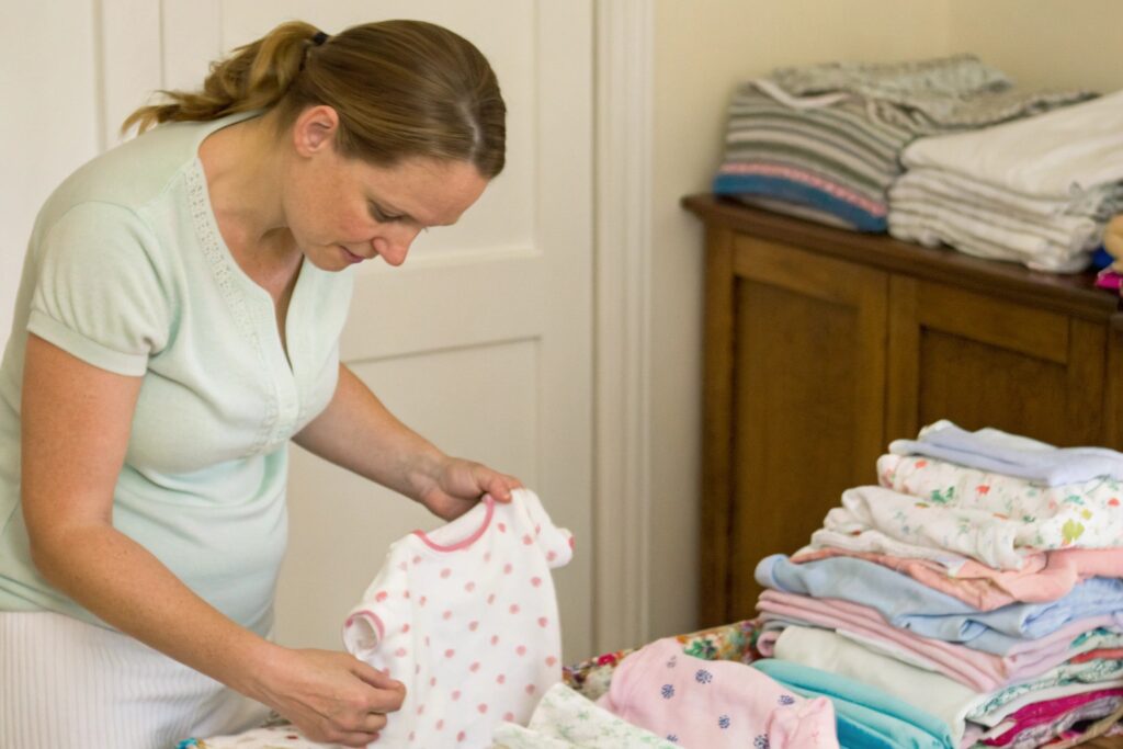European parent packing away newborn-sized clothing
