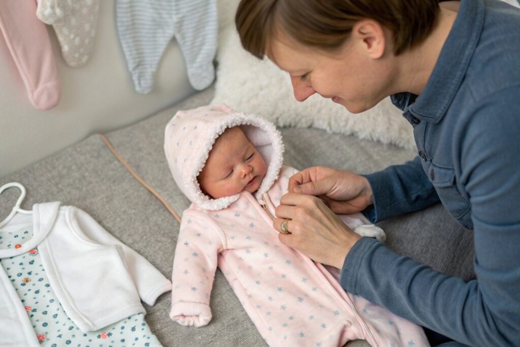 Parent putting a 0-3 month-sized outfit on baby
