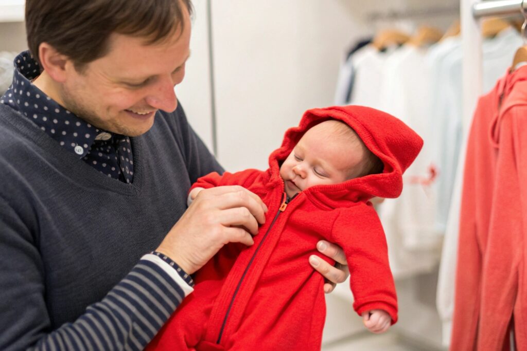 European Parent Dressing Baby in Red Outfit