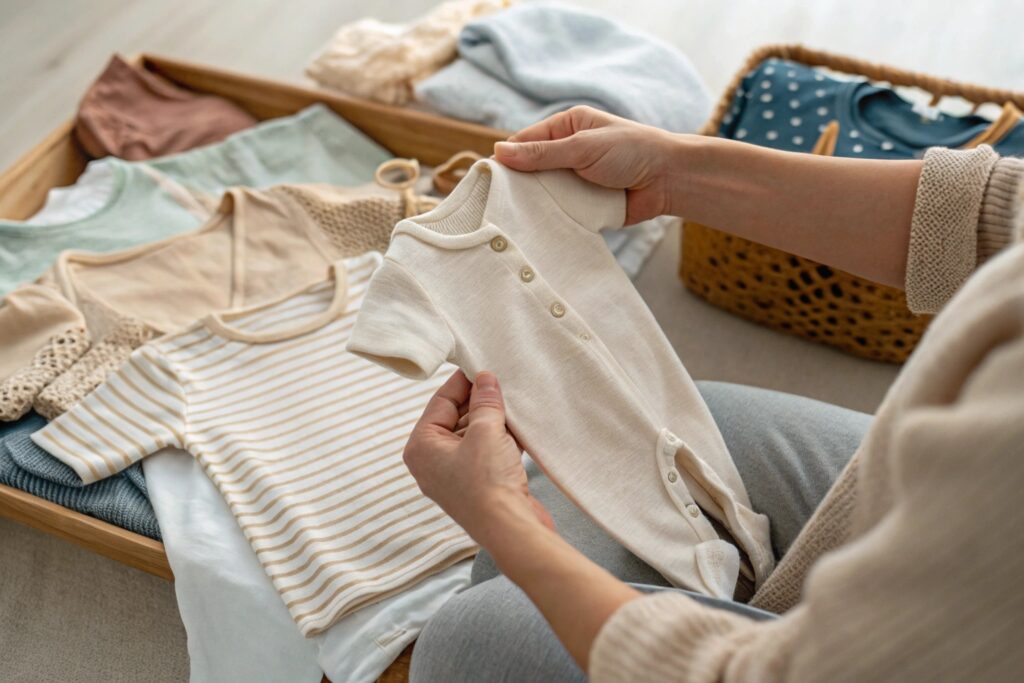 Parent unpacking a slow fashion kidswear collection