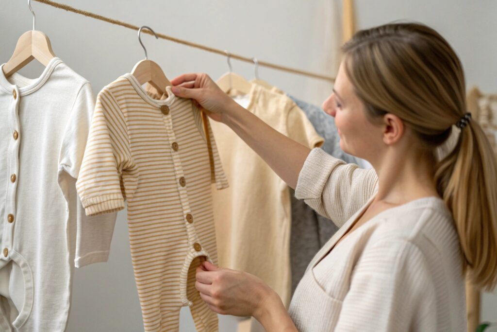 Parent inspecting a baby garment made from natural fabrics