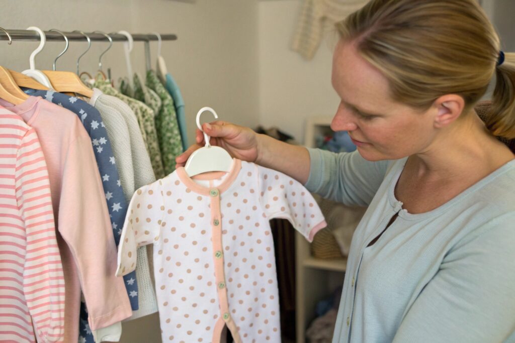 Parent inspecting a baby garment with visible green buttons