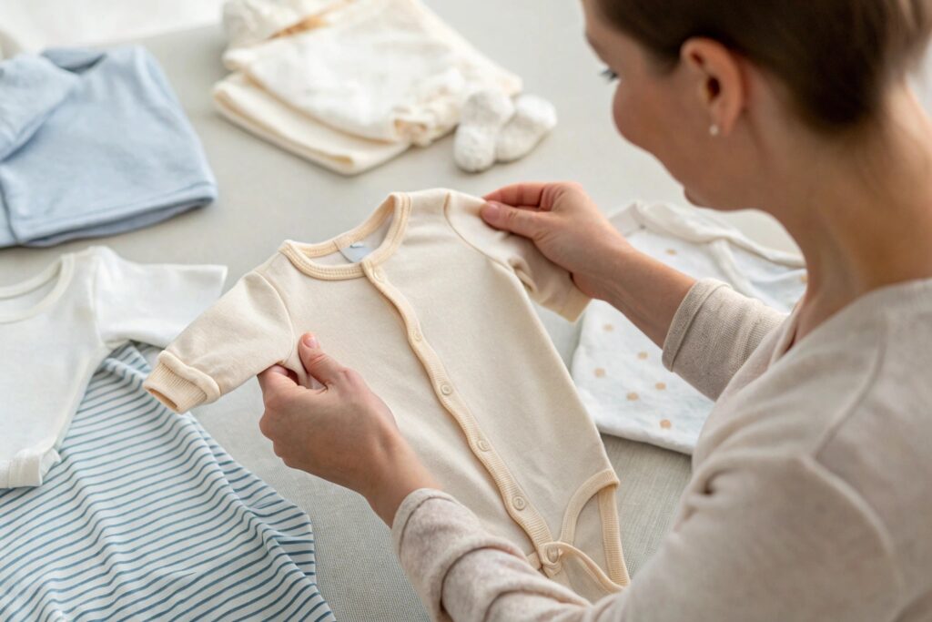 Parent inspecting an organic cotton baby bodysuit