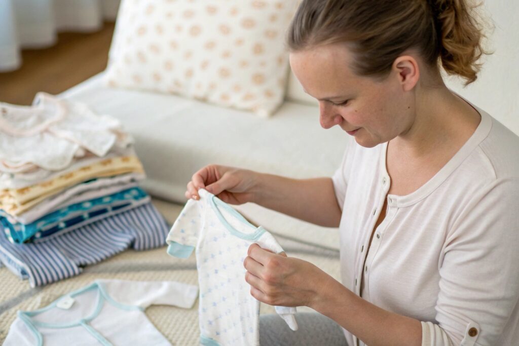 Parent reading the GOTS and Oeko-Tex certification labels on babywear