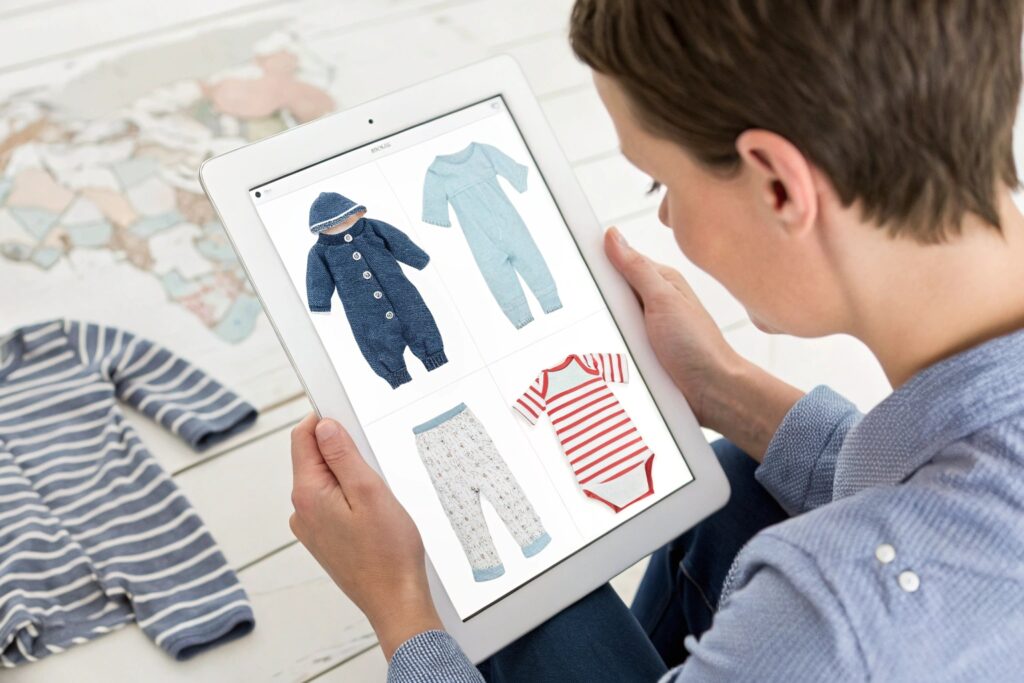 Parent selecting from a tablet of babywear designs