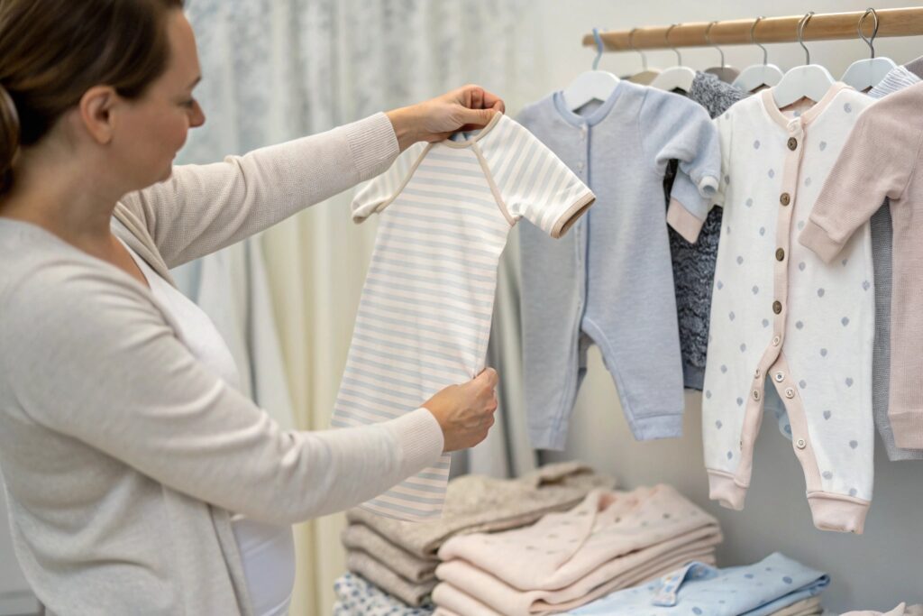 Parent selecting soft, organic fabric for a customer