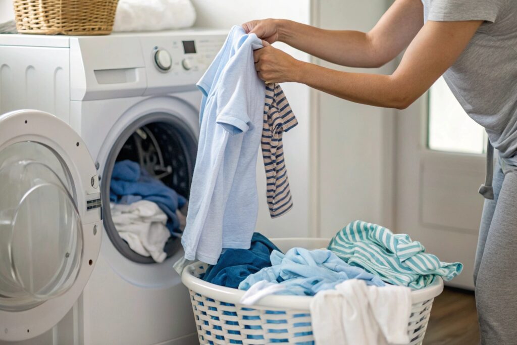 Parent tossing a pile of babywear into the wash