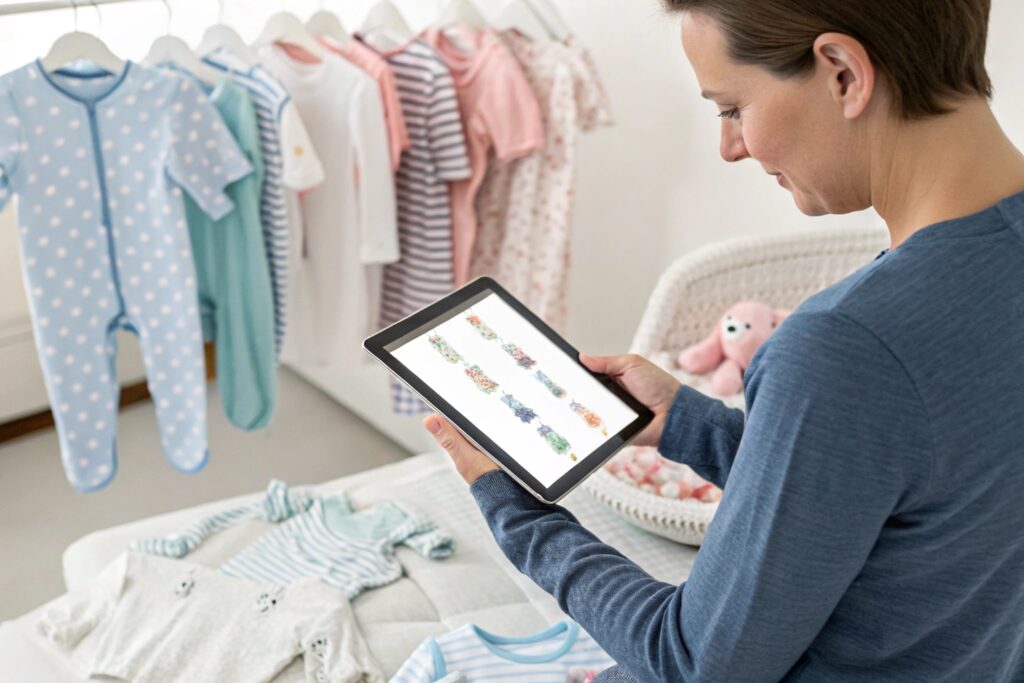 Parent browsing a curated online store for infant clothing