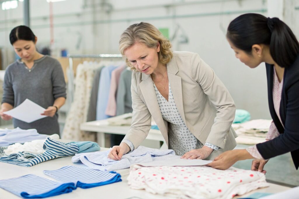 International team inspecting kidswear in factory
